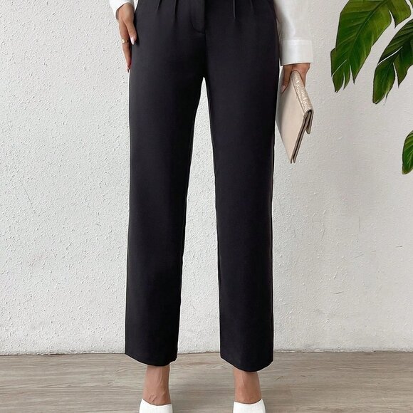Black Preppy Womens Solid Fold Pleated Straight Leg Pants - Picture 5 of 5